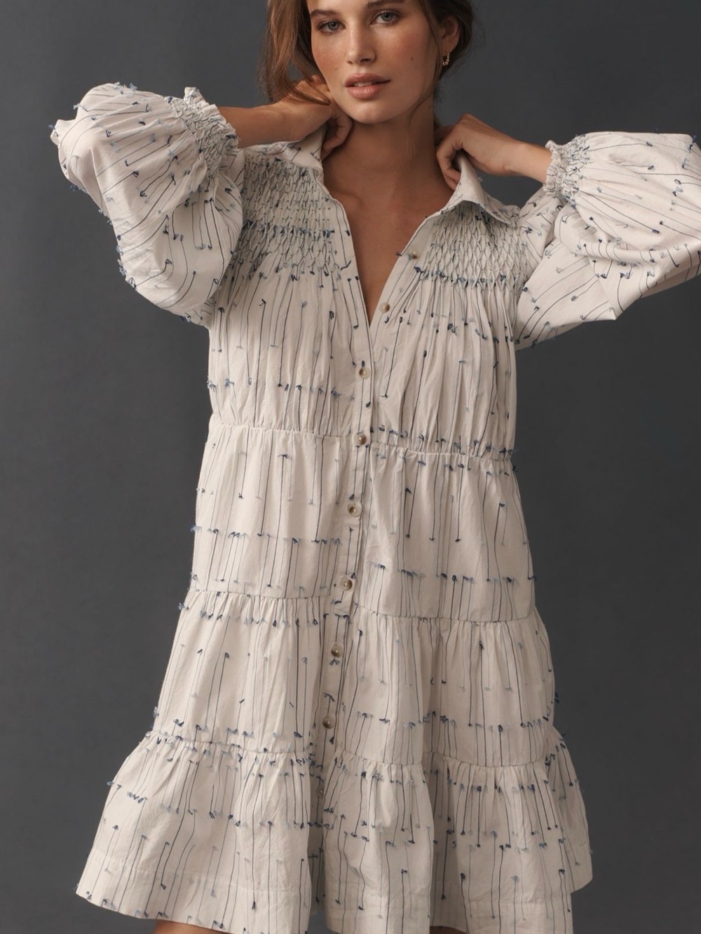 Maeve white Mini Dress with Navy Dot Stitching